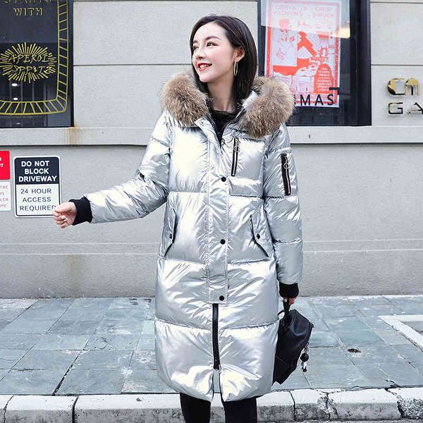 

women's down & parkas winter long jacket for women hooded solid glossy parka female with fur collar loose casual ladies coat outwear hw, Black