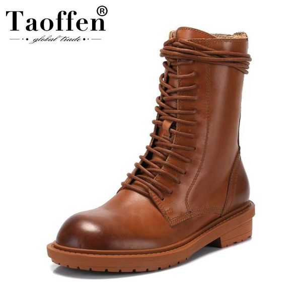 

boots taoffen women genuine leather motorcycle round toe outdoor fashion daily casual shoes woman footwear size 34-39, Black