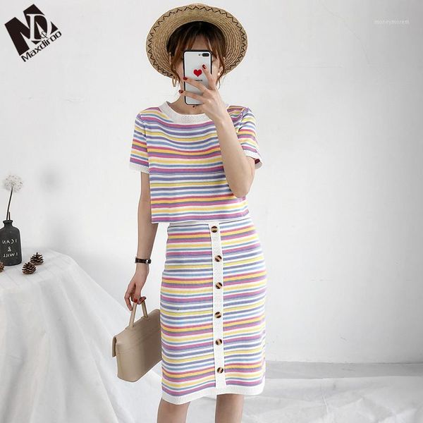 

maxdiroo women 2 piece sweater bodycon dress set colorful striped short sleeve pullover +midi penci skirt crop pencil skirt1, White