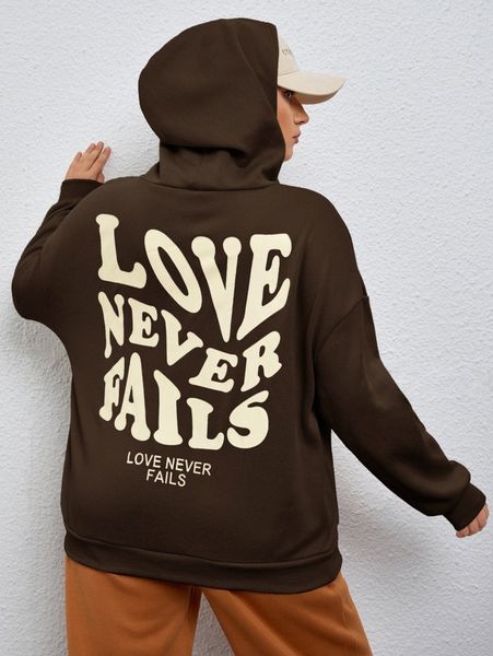 

plus slogan graphic drop shoulder drawstring hoodie u6wq#, Black