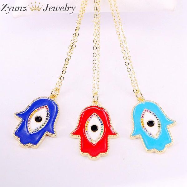 

10pcs, gold color enamel eye hamsa hand pendant necklace colorful cz women fashion jewelry, Silver