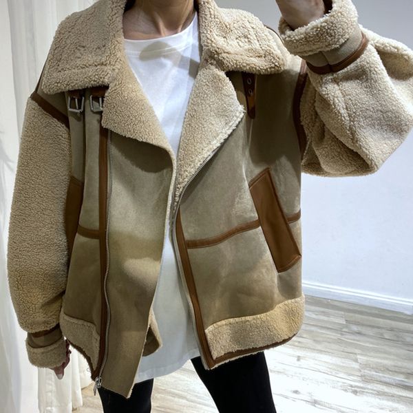 

2021 new winter women thick warm vintage patchwork lambswool biker jackets coat chic faux leather outwear female bmjk, Black