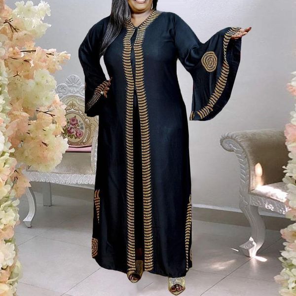 

plus size african women dress vintage 2021 autumn flare sleeve black long robe femme elegant oversize print party maxi vestidos, Black;gray