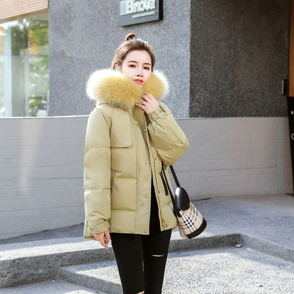 

fnoce 2020 winter new women's down jackets fashion casual young solid long sleeve hooded fur collar thickened warm parkas coat, Black