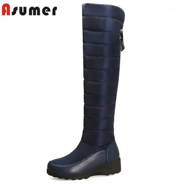 

asumer 2020 new arrival knee high boots women zip down winter snow boots warm comfortable casual wedges shoes ladies big size 431, Black
