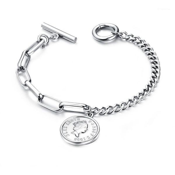 

voq new arrival vintage coin bracelets for women lady charm pendant stainless steel chain bracelets luxury jewelry1, Golden;silver