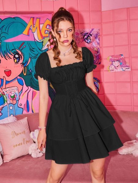

romwe shirred ruched bust lace up layered hem dress e8ye#, Black;gray