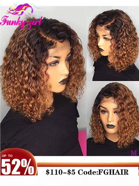 

1b 27 ombre 13x4 lace front wigs short curly human hair wigs for women remy peruvian lace bob wigs bleached knots 150% density, Black