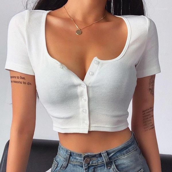 

white t-shirt women t shirt cardigan square neck button short sleeve tshirt summer casual white crop tshirt 20201