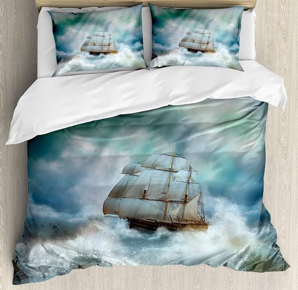 

ocean duvet cover set majestic nautical sealife and pirate boat ship on a wavy deep sea art print bedding set blue grey white1