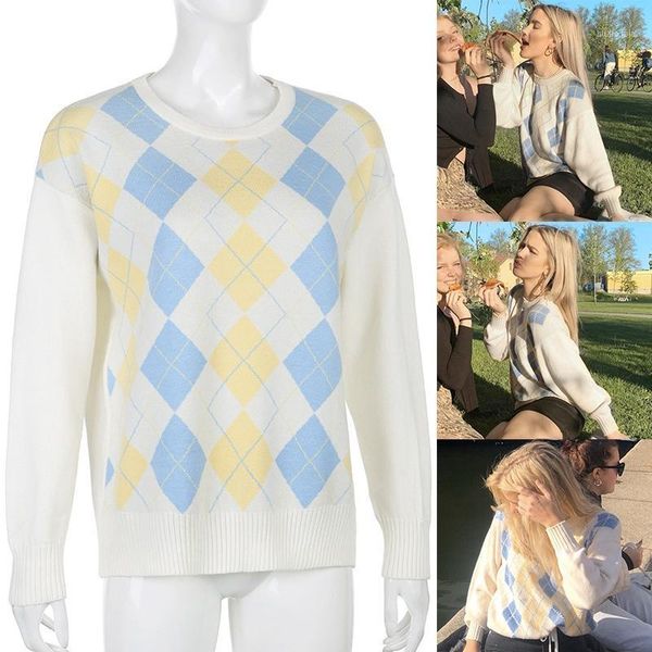 

casual plaid argyle sweater ladies vintage knit jumper women autumn winter pullover knitwear1, White;black