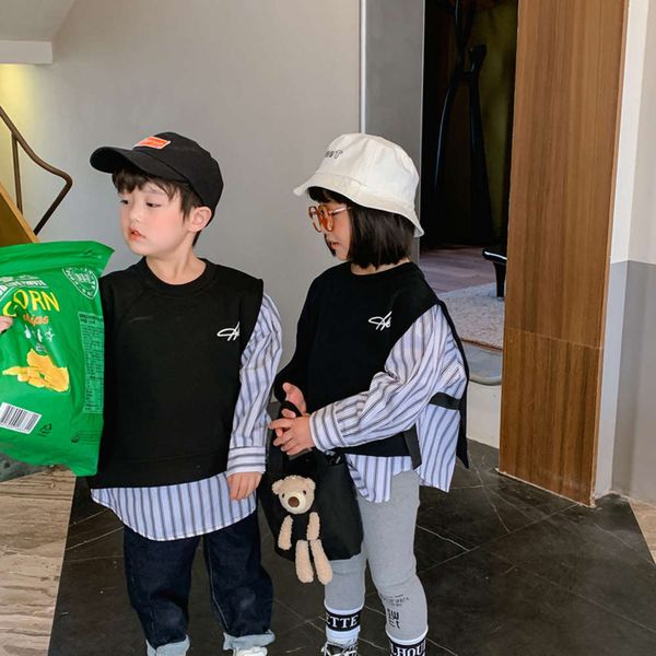 

im boys' pure cotton fake two-piece shirt sweater 2021 new spring clothing zhongda tongchao children's top, Black