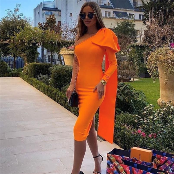 

7 colors runway bownot one sleeve orange purple long sleeve rayon bandage dress party bodycon dress vestidos, Black;gray