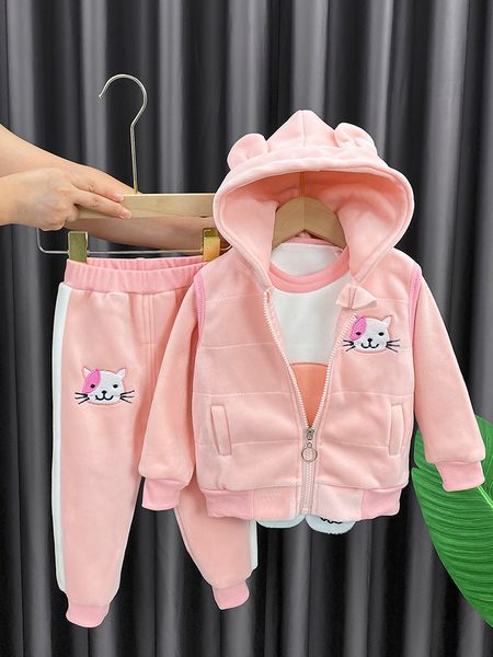 

girls' three piece set of velvet vest baby autumn and 2 3 children's winter plush clothes t1 years old, White