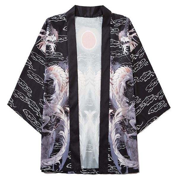 

2021 new aelfric eden harajuku japanese jacket men summer double dragons loose shirt japan streetwear front open coat kimono pvh0, Black;brown
