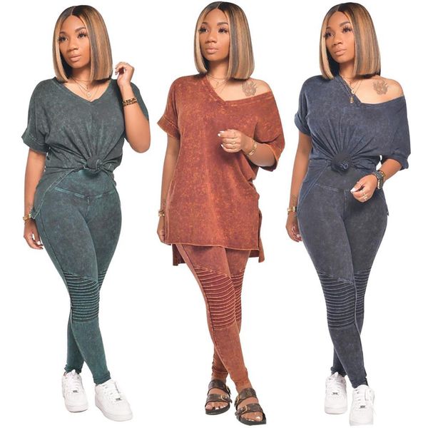 

women solid v-neck high low tee drap pencil leggings jogger sweatpants suit two piece set sport matching set outfit c0122, Gray