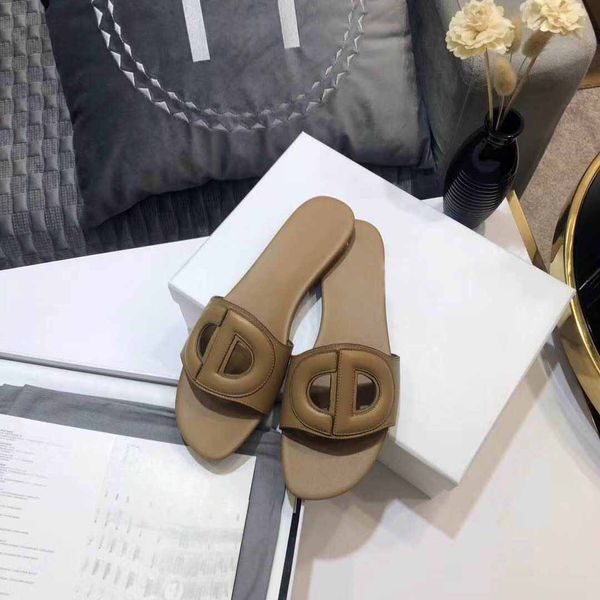 

new flat bottom hollow sandals fashion temperament style genuine leather slippers ladies unique letter wild dress high heels with box, Black