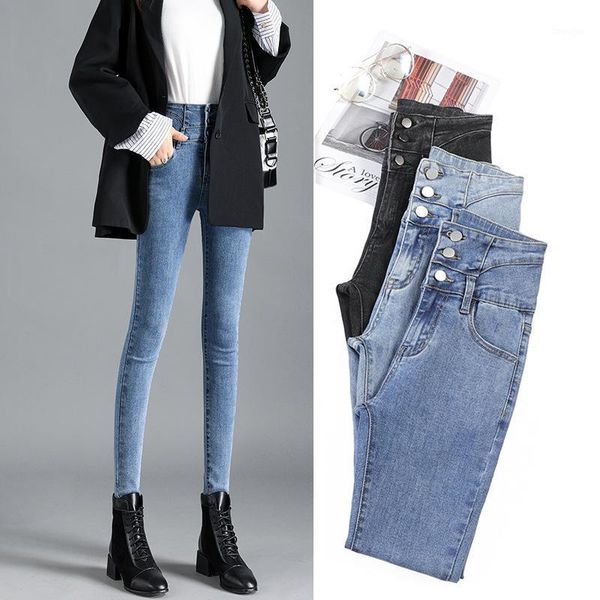 

high waist jeans women's skinny spring summer 2020 new style elasticity slimming black and white with pattern significantly high1, Blue