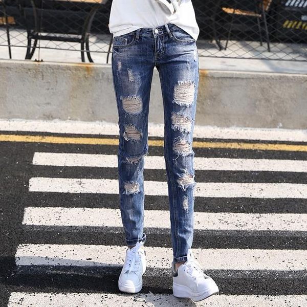 

2021 women spring new cowboy hole beggars thin pencil pants, Blue