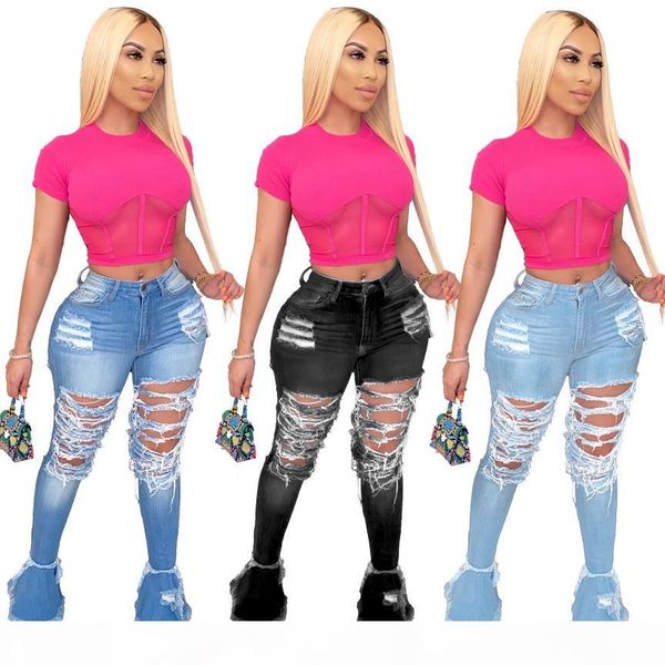 

women fashion flared ruffle denim trousers designer skinny jeans hole ripped full length leggings streetwear pants plus size clothing, Blue