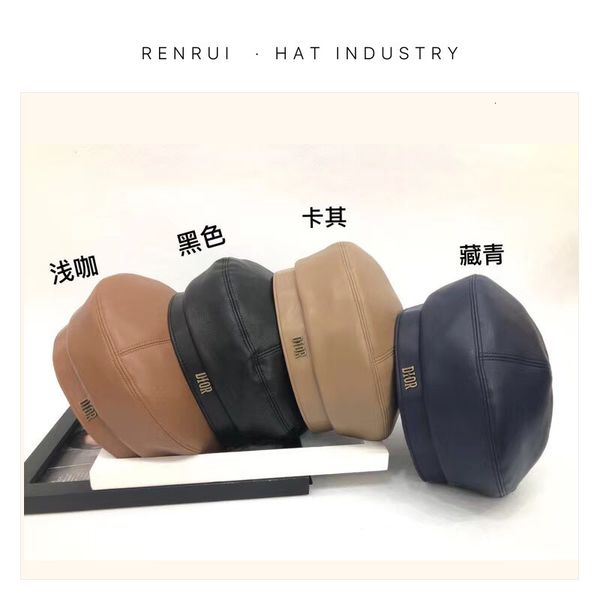 

luxury hat version of d family pu leather beret women autumn winter fashion super versatile letter concave modeling artist hat, Black;white