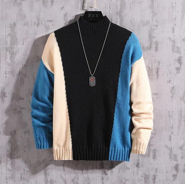 

men's sweaters 2020 autumn winter clothes stitching color oversize 6xl 7xl korea casual knitted pullover man warm sweater w1515, White;black