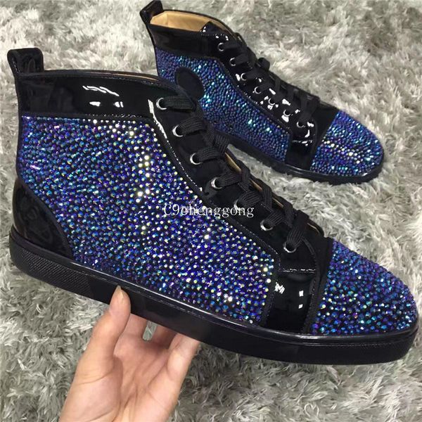 

with box,eu35-47] high rhinestone sneakers men's brand red bottom shoes women strass casual walking flats -- party wedding, Black