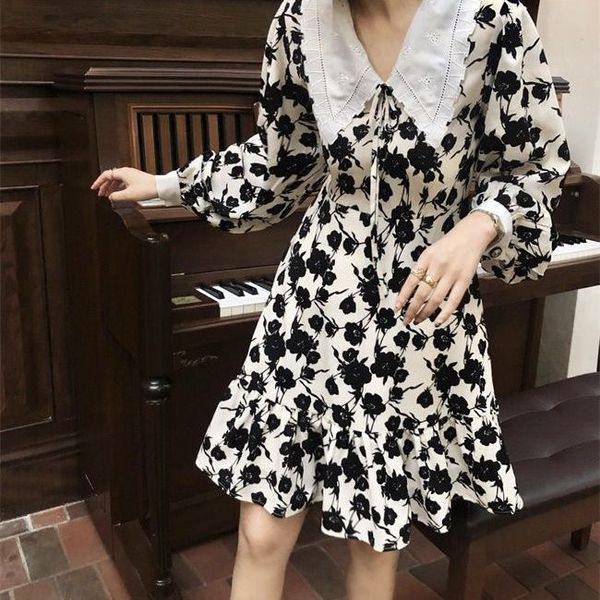 

2021 new elegant women long sleeve mini office floral party female autumn lady high waist casual dress korean nxys, Black;gray