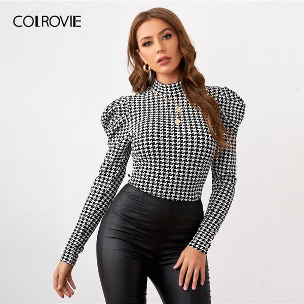 

colrovie black and white mock-neck leg-of-mutton sleeve houndstooth women spring elegant tshirt office lady slim fitted tees