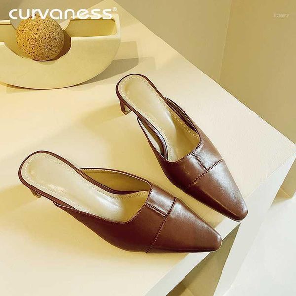 

slippers women square toe slides women mid heel mules thin heel slippers outdoor flip flops pleated shoes female sandals1, Black