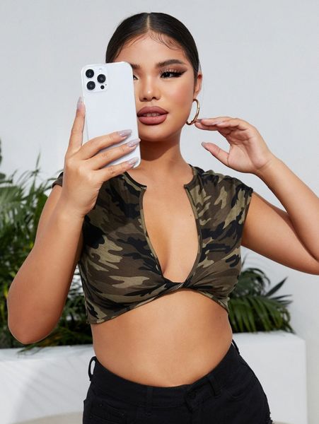 

sxy camo print twist front crop x563#, White