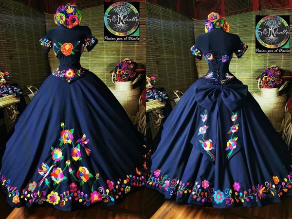 

2022 vintage navy colorful embroidery flowers quinceanera dresses ball gown satin with cap sleeves off the shoulder vestidos 15 anos, Blue;red
