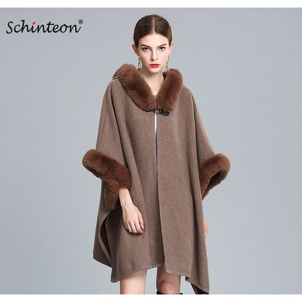 

высококачественные женские шерстяные вязание накидливые накидливые пончо свободные плащеные тушь с искусственным кроликом меховой отделку од, Black