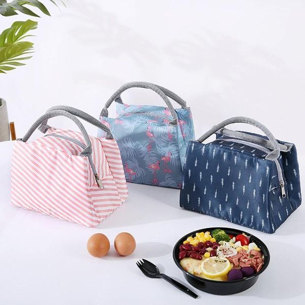 

grid/stripe portable insulated bento lunch box tote picnic school storage pouch1