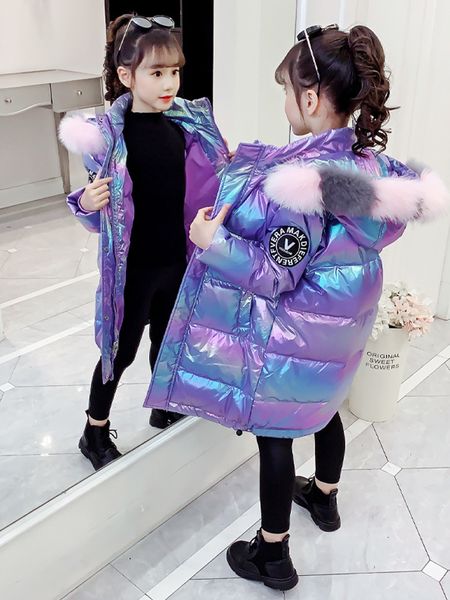 

down cotton padded clothes baby long girls middle and large children's foreign style bright face winter, Blue;gray