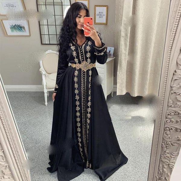 Marokkanische Kaftan-Abendkleider 2021, lange Ärmel, V-Ausschnitt, muslimisches Ballkleid, arabisches Partykleid, individuelle Größe