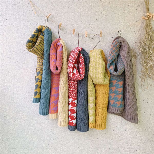 

winter new color matching twist korean thousand bird check children's scarf versatile decorative boys and girls wool warm neck, Red;brown