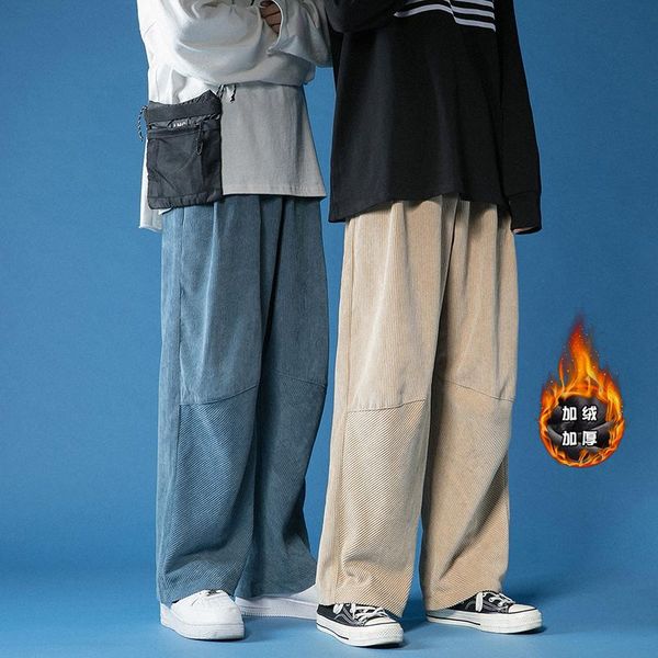 

men's pants japanese retro corduroy men thick velvet trousers fashion autumn winter elastic waist casual loose staight mens sweatpants, Black