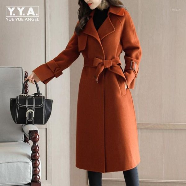 

new fashion women autumn belted long wool blends coat loose fit ladies maxi overcoat trench woolen office windbreaker coats1, Black