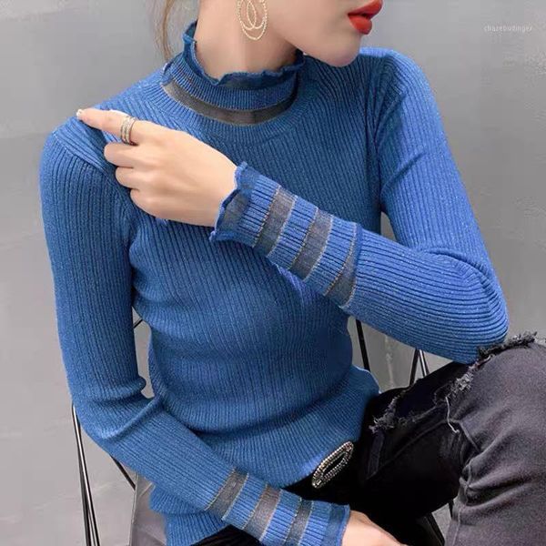 

2020 women winter sweater women half turtleneck slim long sleeve pullovers lace patchwork knitted sweaters fashion l051, White;black