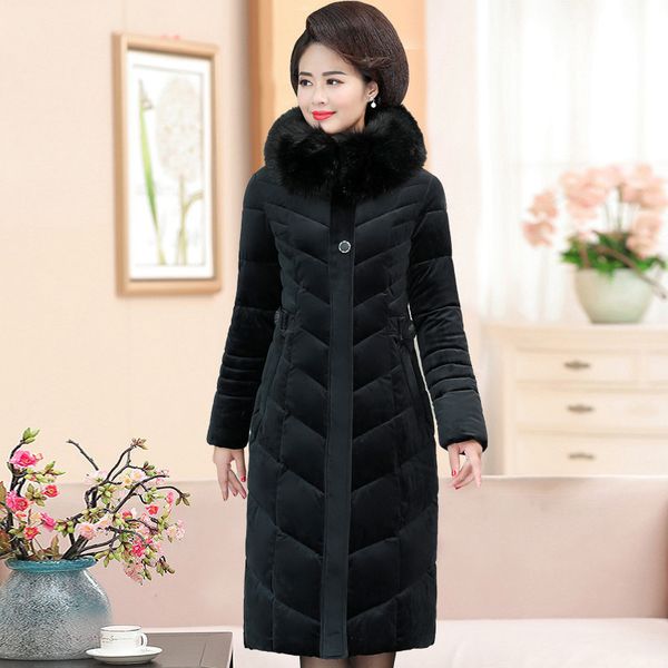 

2021 new women's winter coat of gold velvet under cotton parkas long warm coats thicken female jacket with hood outerwear plus size 5xl, Black