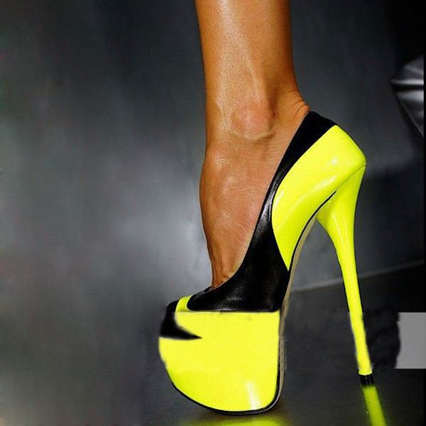 

platfrom woman lime yellow leather super heels high pumps ladies night shining club unique shoes k3w3, Black