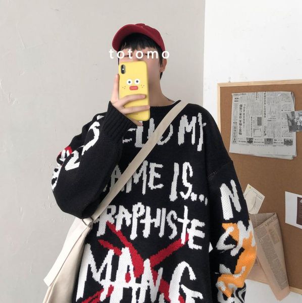 

men's sweaters 2021 autumn and winter youth loose personality printed sweater fashion casual round neck pullover black/white, White;black
