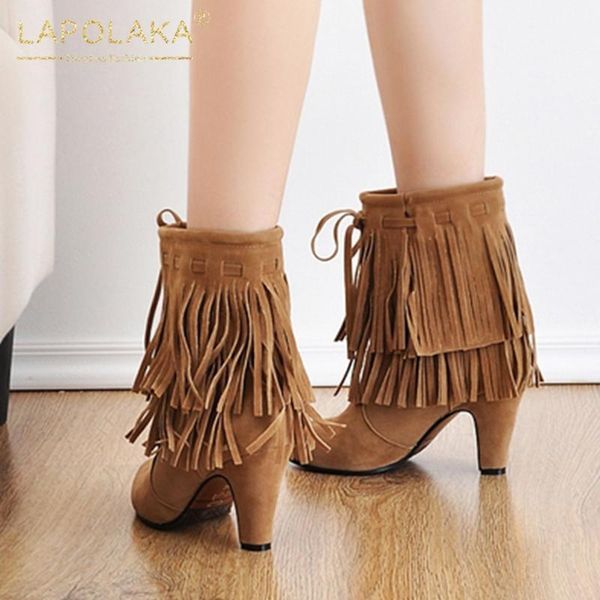 

lapolaka 2020 spike high heels fringe shoes woman boots female slip on concise spring autumn ankle boots women1, Black