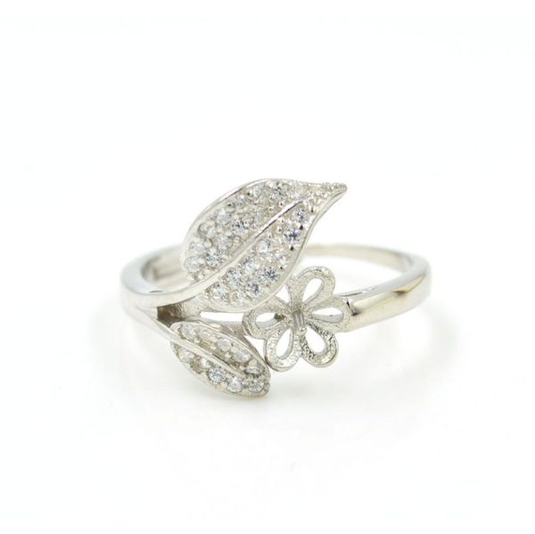

s925 sterling silver ring accessories wholesale sterling silver pearl ring empty support movable mouth adjustable double leaf w8yph, Slivery;crystal