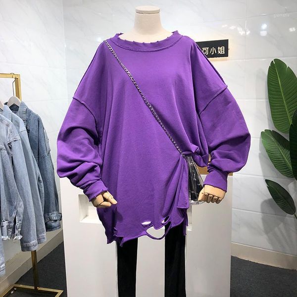 

new korean style pullover long-sleeved sweatshirt women 2020 autumn solid color mid-length broken hole loose large size wild1, Black