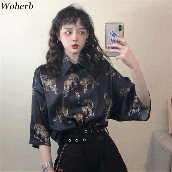 WOHERB Vintage Leopar Bluz Kadın Harajuku Hayvan Baskı Gömlek Yaz Bayanlar Gevşek Blusa Streetwear Camisas Mujer LJ200812