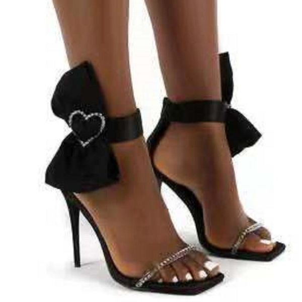 

2021 new european and american fashion foreign trade fine high heel water drill toe bow girl sandals, Black