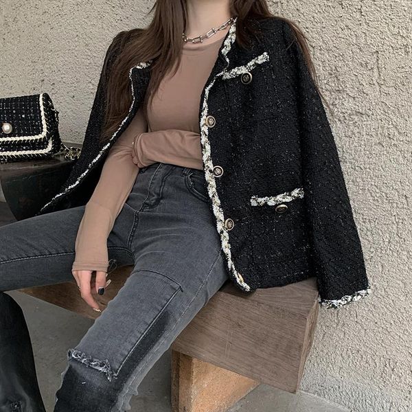

small coat women's autumn winter 2021 new pink black loose all-match temperament short tweed office lady pockets work coat, Black;brown