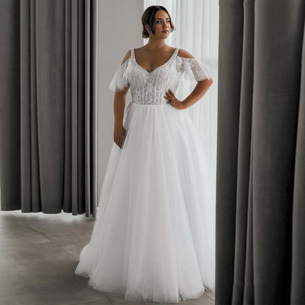 

2021 new arrival plus size wedding es v neck short sleeves beading applique a line bridal robe de mariage exz3, White